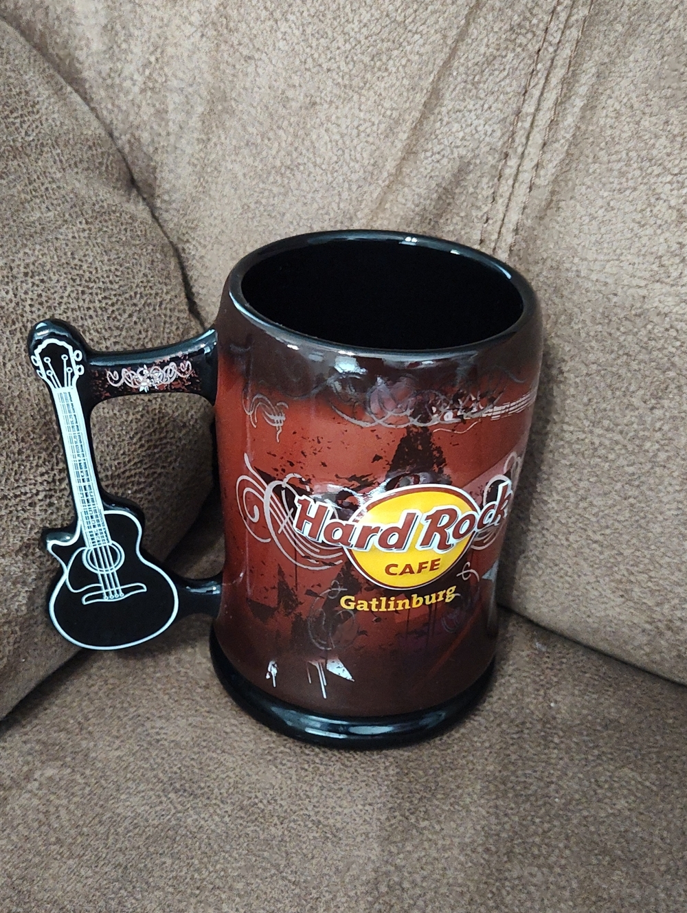 Hard Rock Cafe Brown and Black Gatlinburg Mug with Guitar Handle